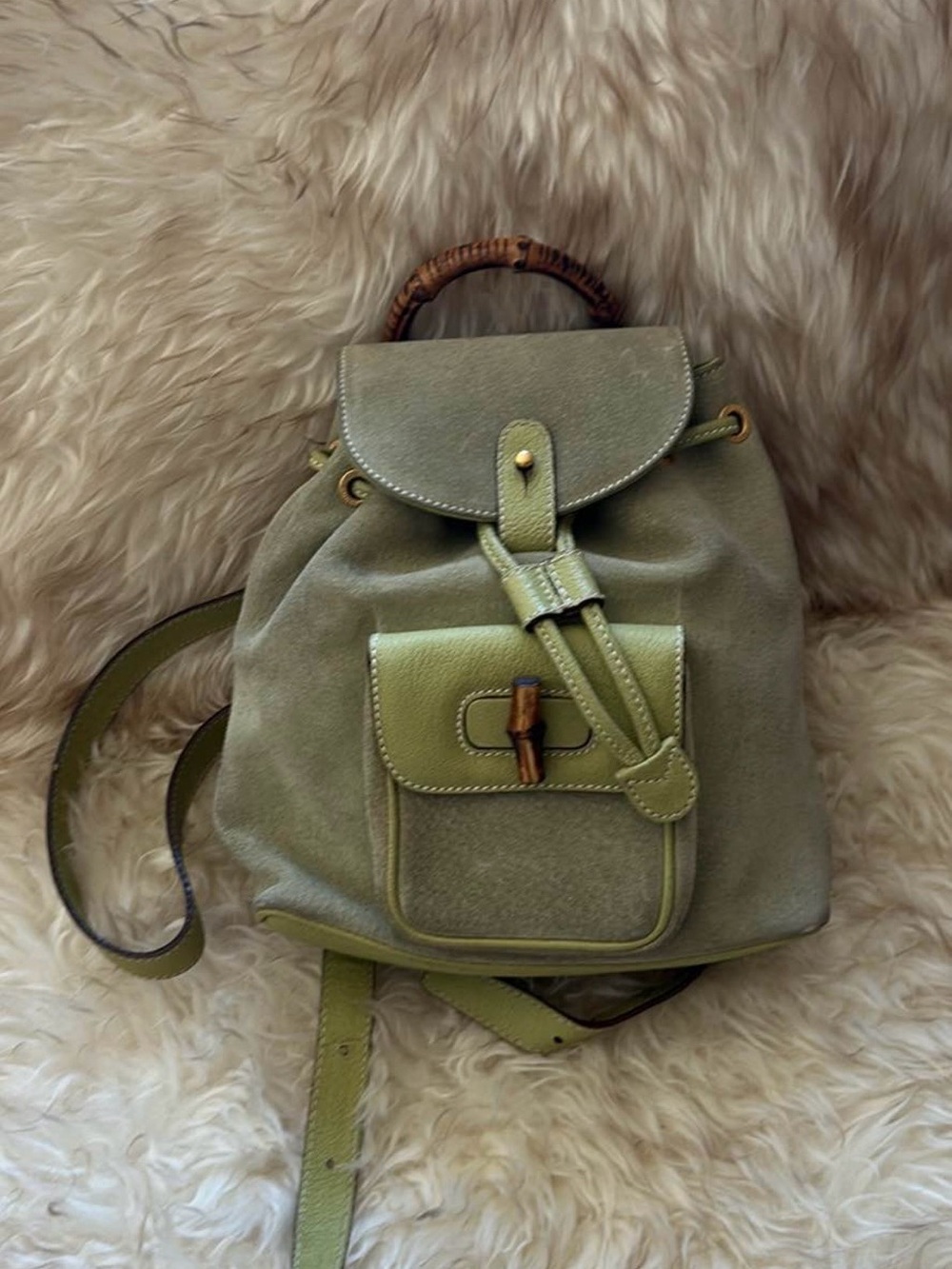 Green Gucci Suede Drawstring Backpack